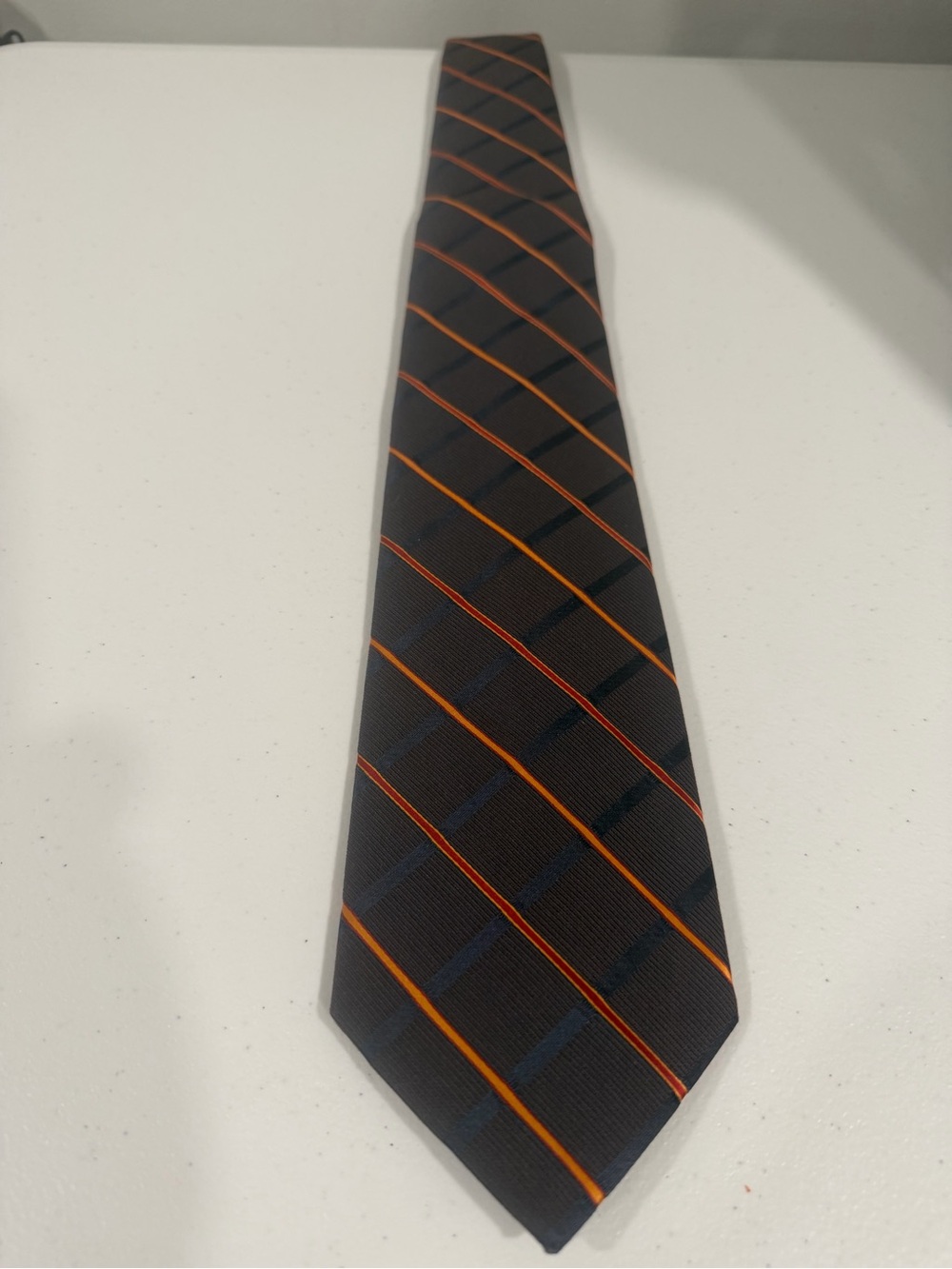 Dunhill Navy Tie with Orange and Red Diagonal Stripes